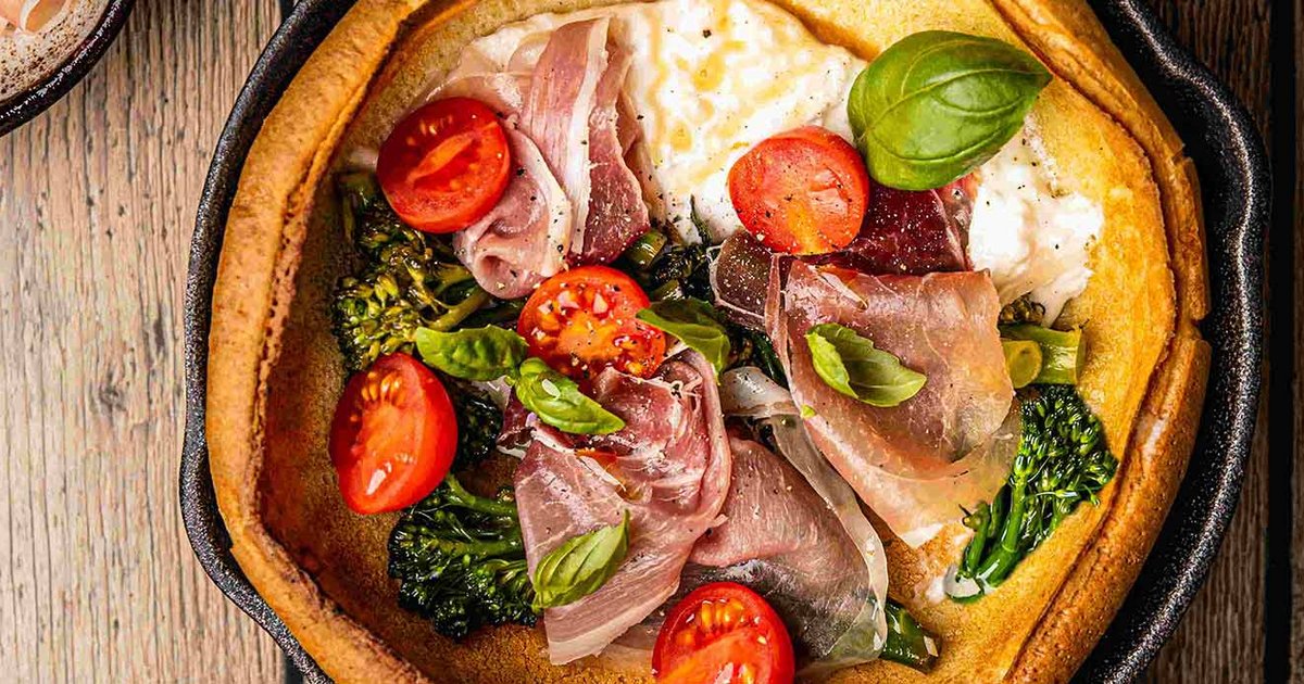Dutch baby pancakes with burrata and prosciutto | Recipe | Kikkoman