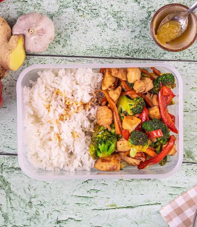 Honey-soy chicken with stir-fry and rice