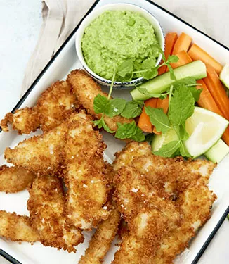 Fish fingers with veggies and pea dip
