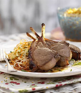 Tamari and chilli glazed lamb with shredded vegetable pickle