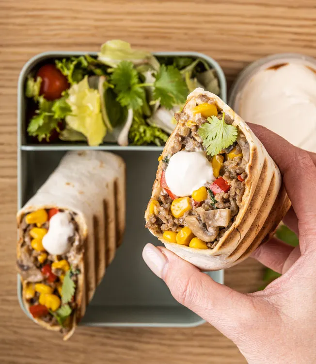 Beef, mushroom and corn burrito