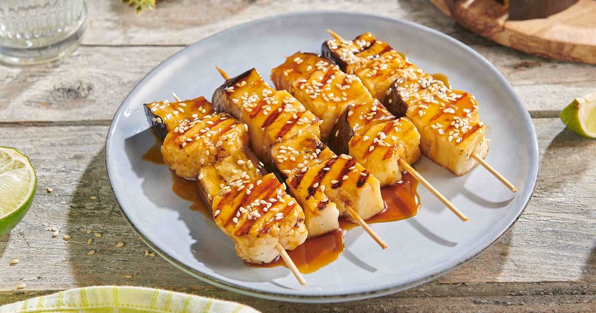 Halloumi cheese and aubergine yakitori | Recipe | Kikkoman