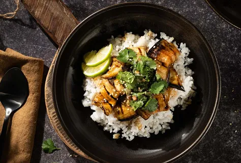 Glazed aubergine with lime salsa