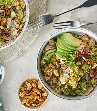 Quinoa salad with avocado and roasted nuts