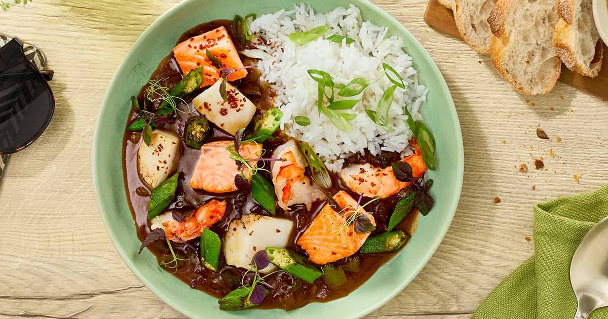 Teriyaki seafood gumbo with okra and rice | Kikkoman