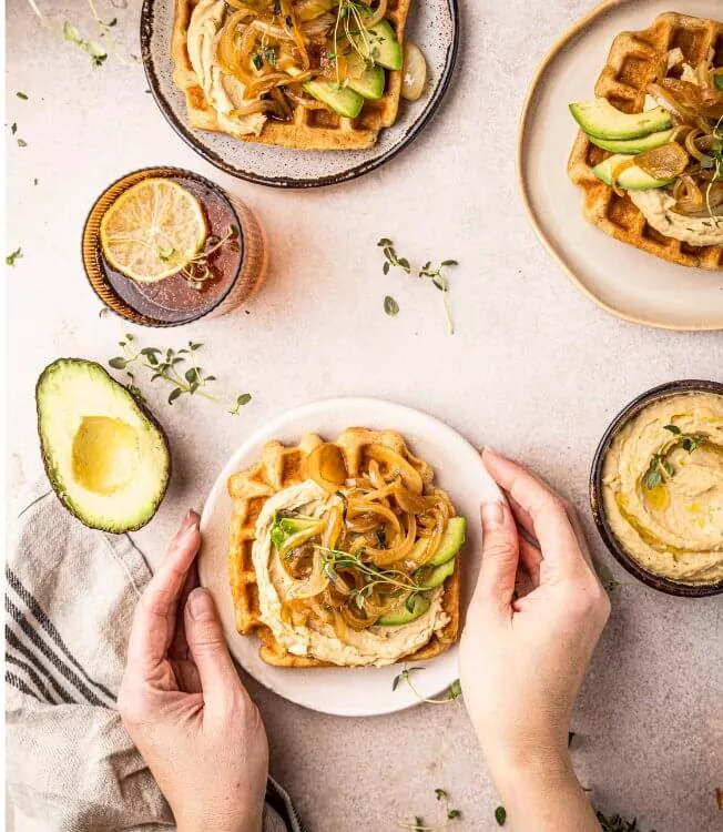 Waffles with hummus and teriyaki onion with thyme