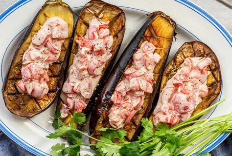 Grilled Eggplants with Tomato and Soy Topping and Fresh Coriander