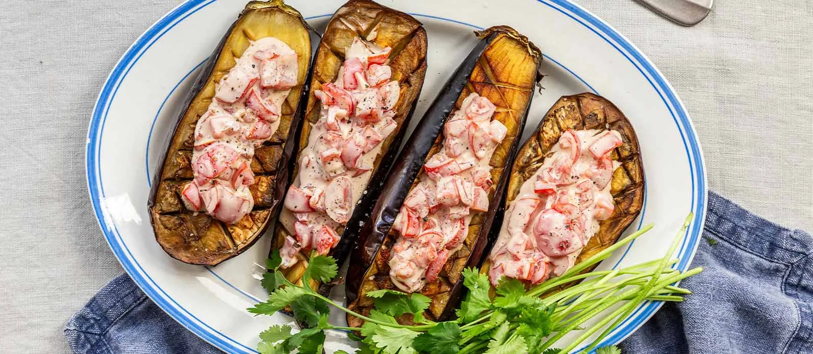 Grilled Eggplants with Tomato and Soy Topping and Fresh Coriander