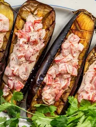Grilled Eggplants with Tomato and Soy Topping and Fresh Coriander