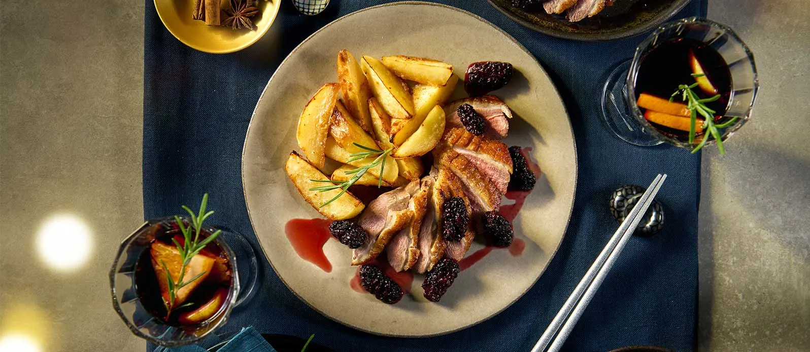 Duck breast with sweet blackberry sauce, baked potatoes with miso
