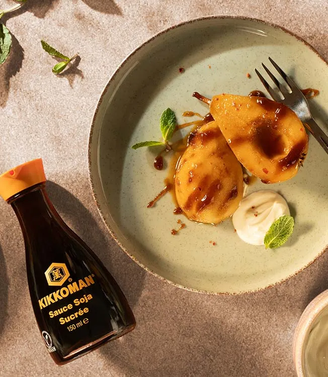 Sweet soy & ginger poached pears