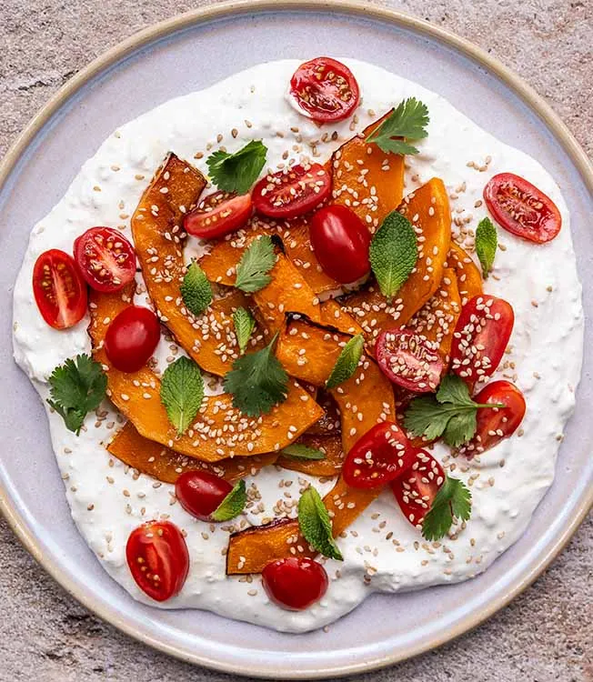 Soy-baked Hokkaido pumpkin with feta cream