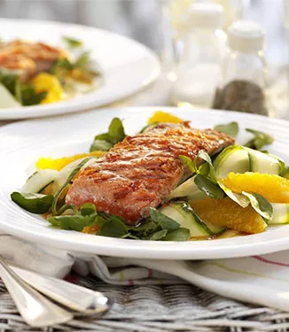 Tamari, lemon grass and lime salmon with orange and cucumber salad