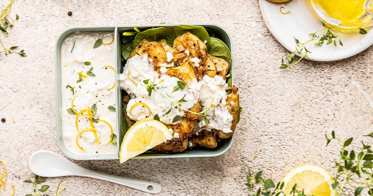 Baked crushed potatoes with soy, lemon and new thyme yoghurt and feta cheese | Kikkoman