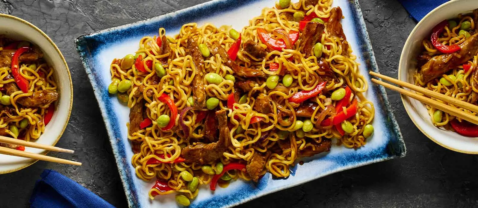 Teriyaki Egg Noodles with Steak and Edamame Beans