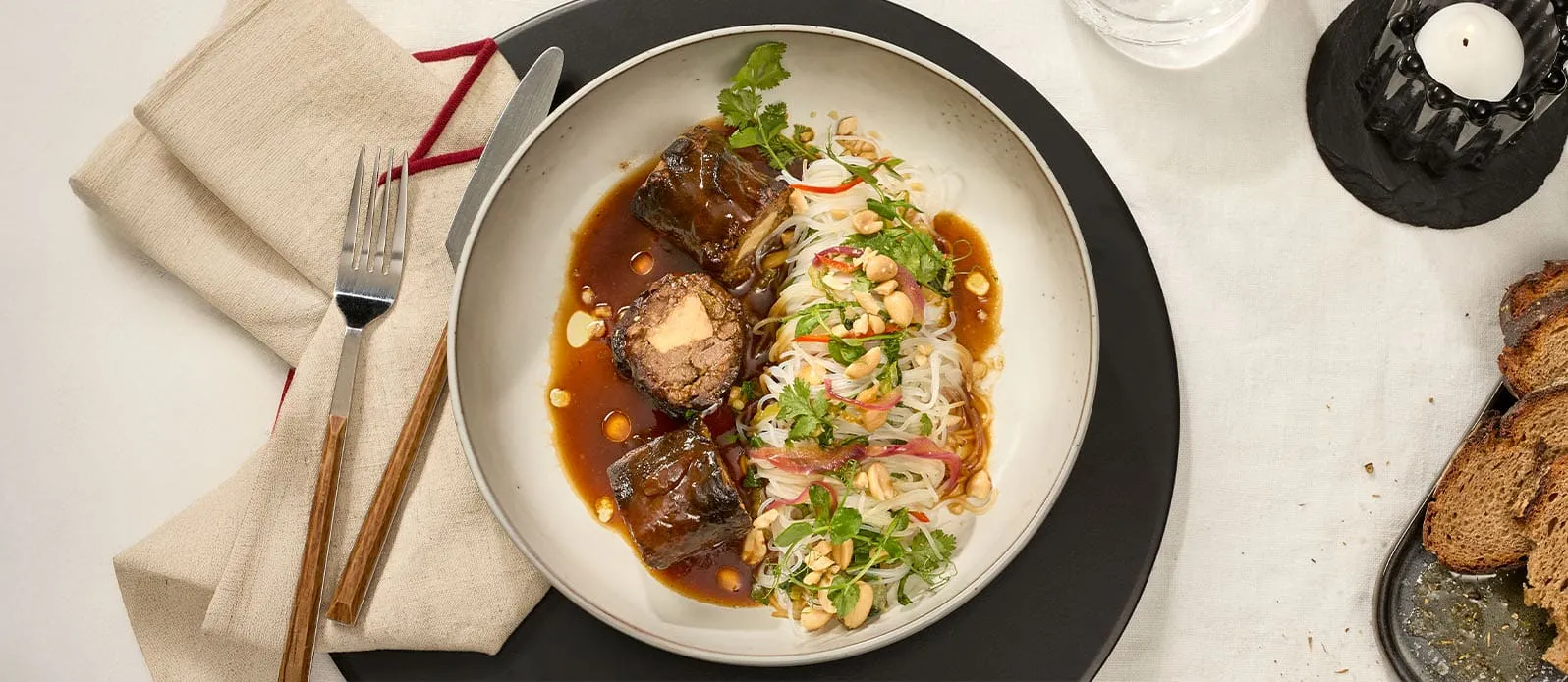 Asian beef roulade with pak choi noodles