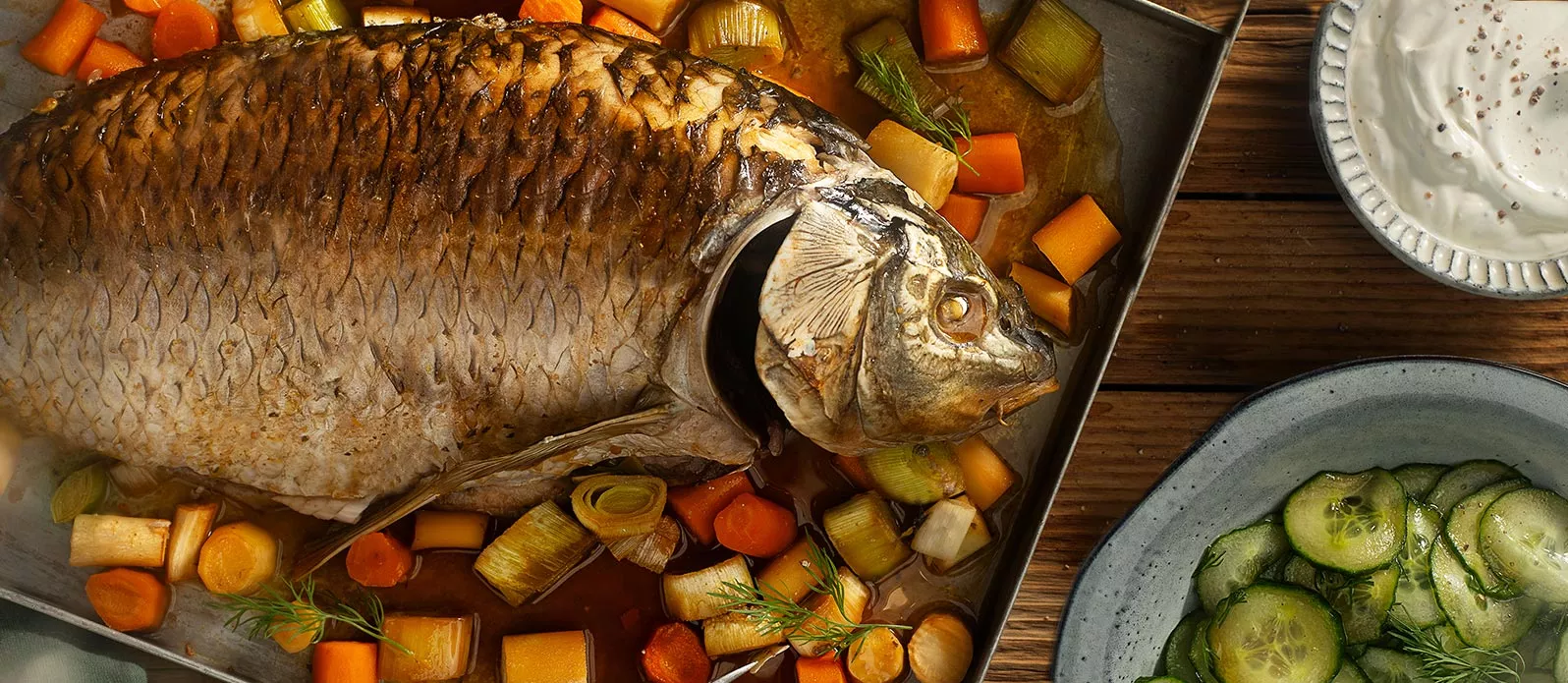 Carp with parsley root, dill pickles and sour cream dip