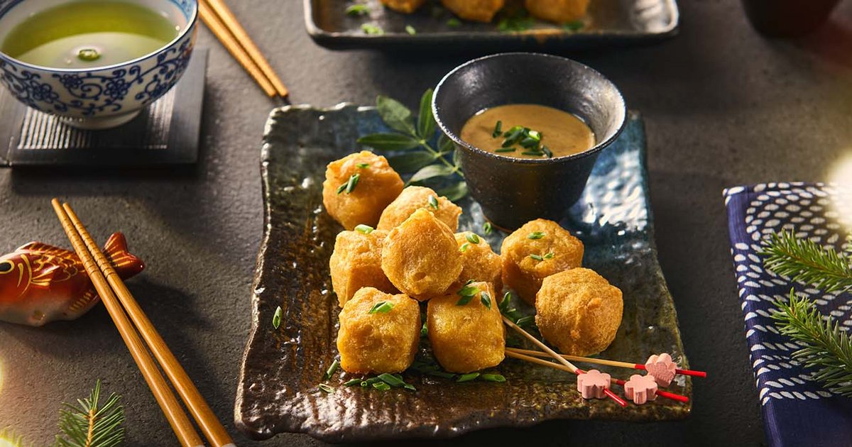 Fish takoyaki with teriyaki peanut sauce | Recipe | Kikkoman