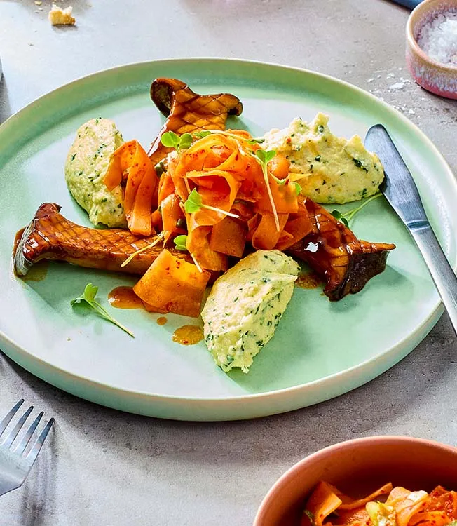 Braised king oyster mushrooms with carrot kimchi