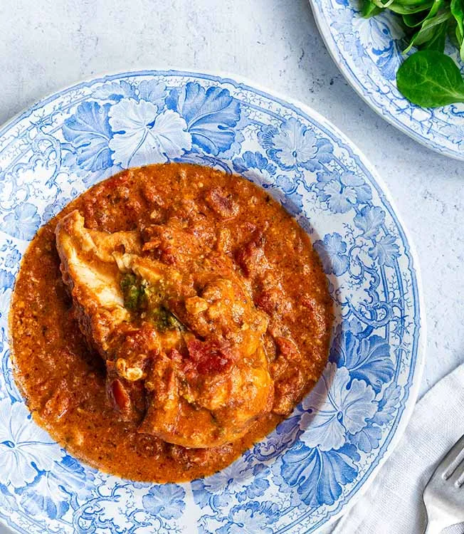 Stuffed Chicken Breasts in Tomato Sauce with Spinach, Cashews, and Soy sauce