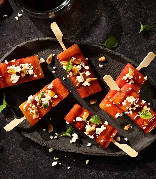 BBQ melon sticks with feta and mint