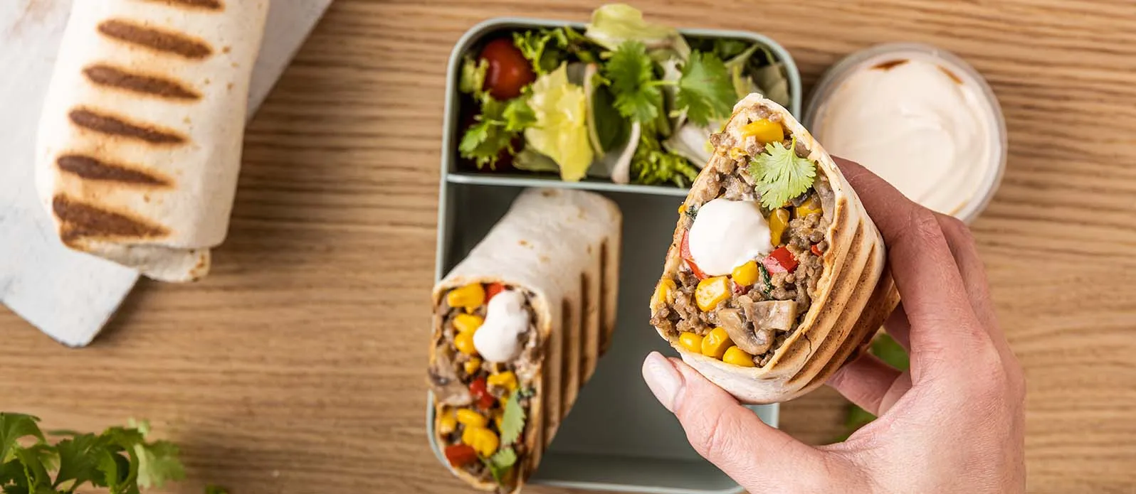 Beef, mushroom and corn burrito