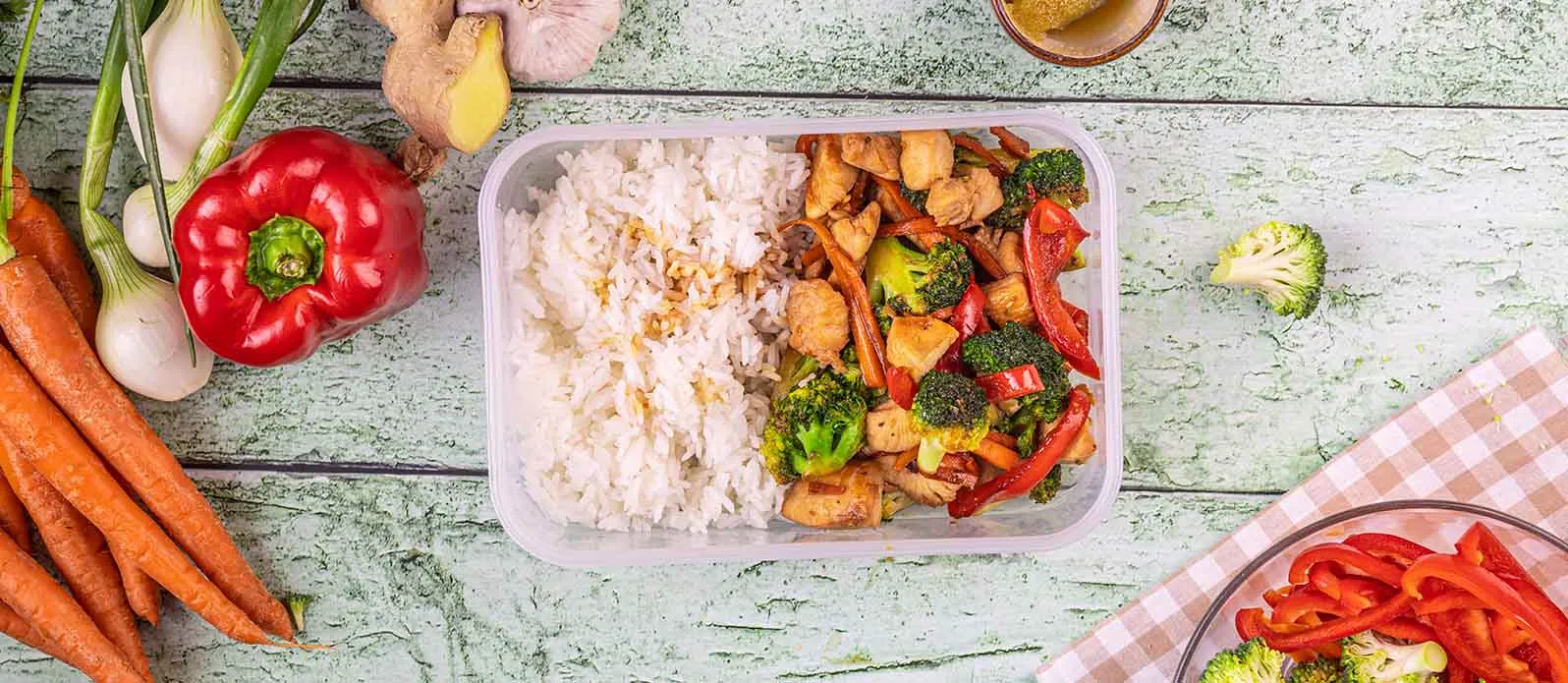Honey-soy chicken with stir-fry and rice