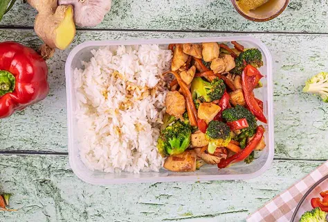 Honey-soy chicken with stir-fry and rice