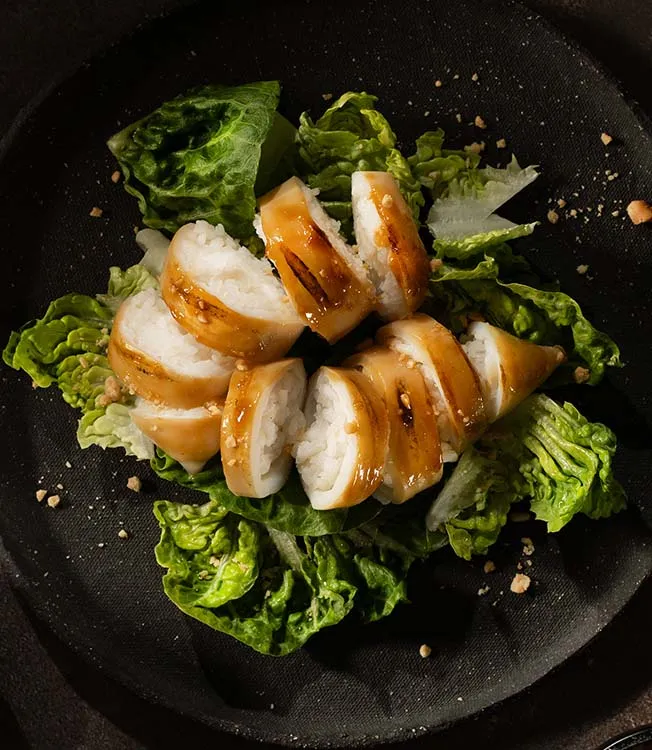 Teriyaki squid stuffed with sushi rice