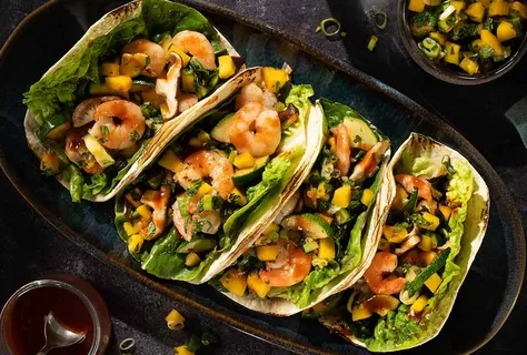 Teriyaki shrimp tacos with mango salsa