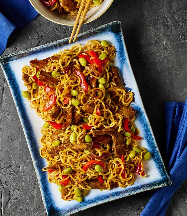 Teriyaki Egg Noodles with Steak and Edamame Beans
