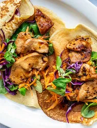 Cottage Cheese Wraps with Soy-Marinated Chicken, Pointed Cabbage, and Carrot