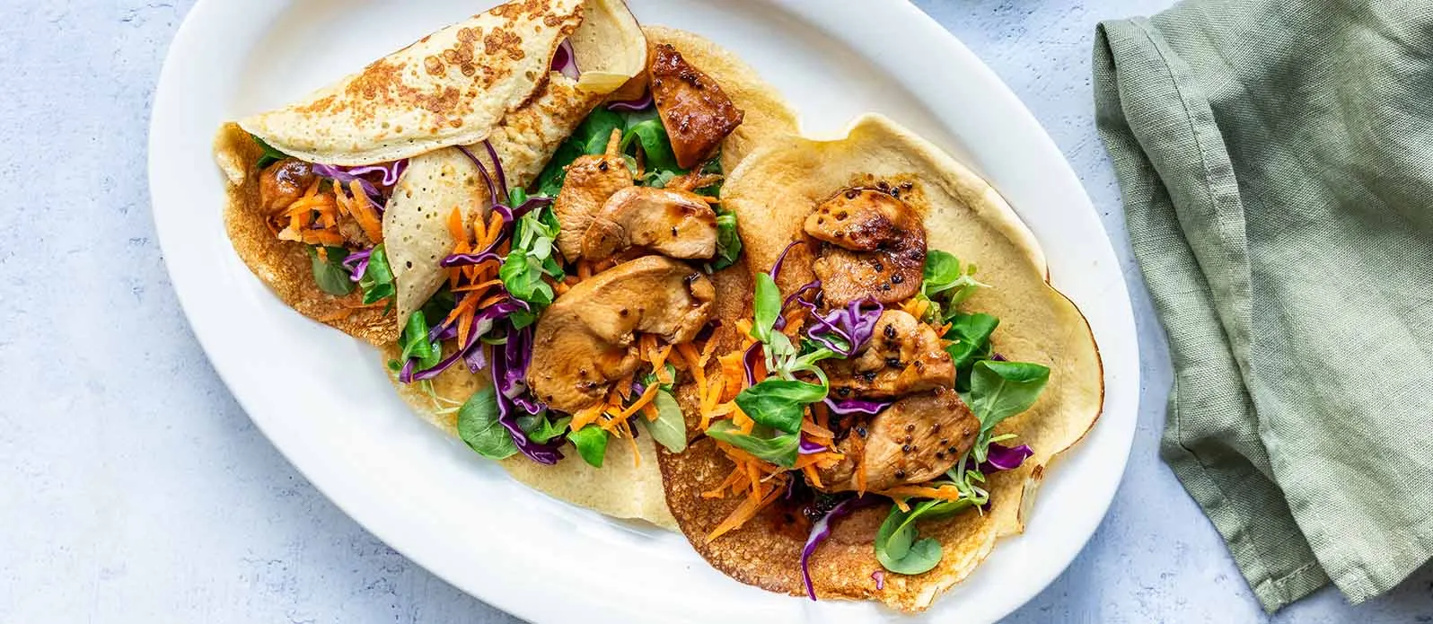 Cottage Cheese Wraps with Soy-Marinated Chicken, Pointed Cabbage, and Carrot