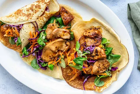 Cottage Cheese Wraps with Soy-Marinated Chicken, Pointed Cabbage, and Carrot