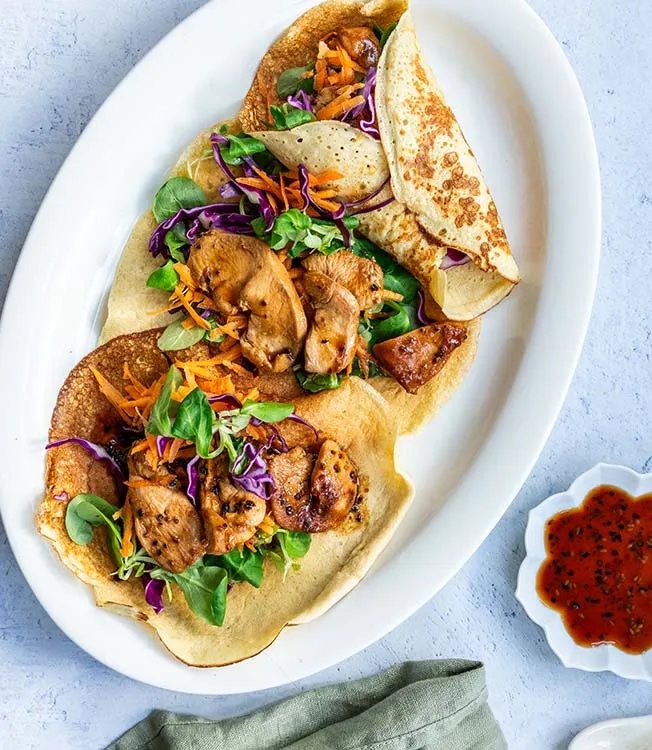 Cottage Cheese Wraps with Soy-Marinated Chicken, Pointed Cabbage, and Carrot