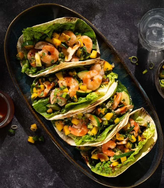 Teriyaki shrimp tacos with mango salsa