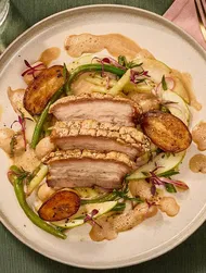 Crispy pork belly with bean salad & fondant potatoes