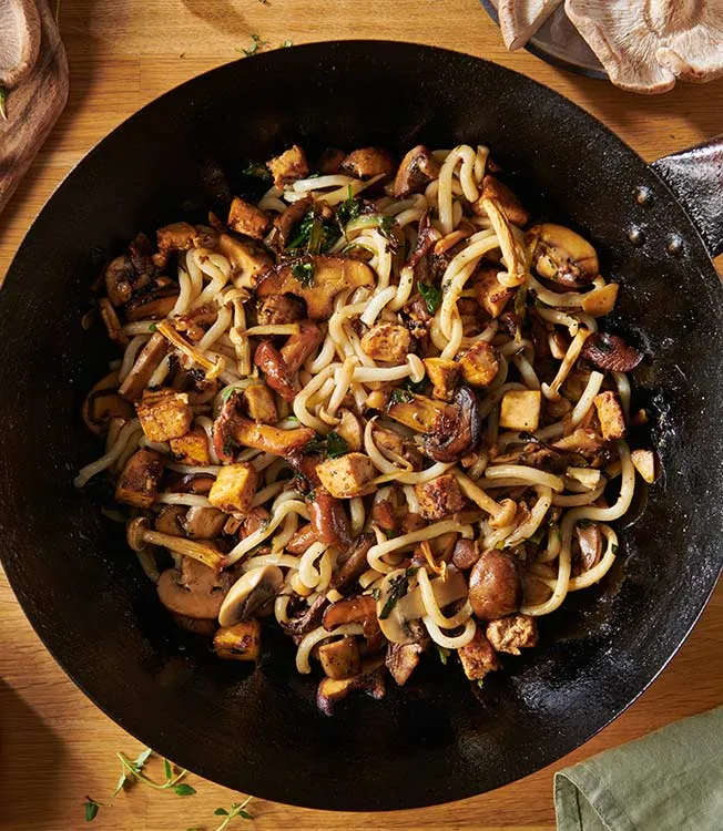 Tofu & mushroom udon-noodle stir-fry