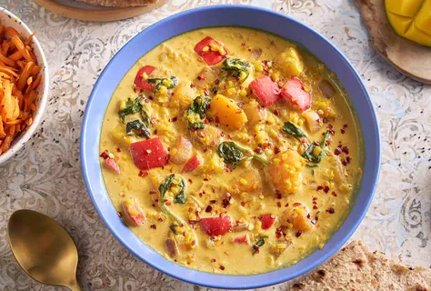 Moong dal with pumpkin, mango and coconut