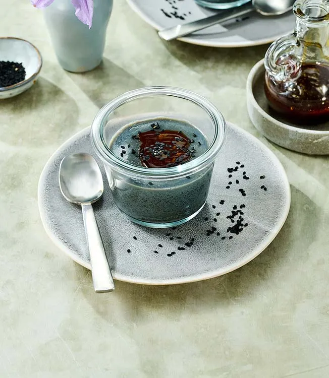 Vegan goma panna cotta with black tahini