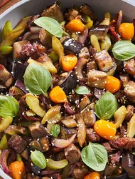 Stir-fry aubergine and sun-dried tomatoes