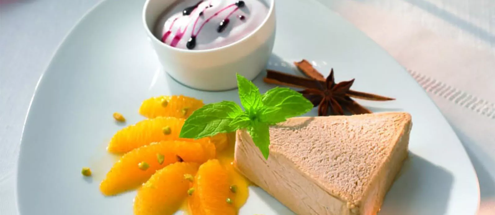 Honey & Soy Parfait with Spiced Oranges and Mulled Wine Zabaglione