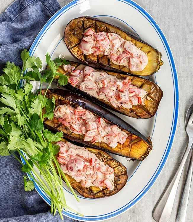 Grilled Eggplants with Tomato and Soy Topping and Fresh Coriander