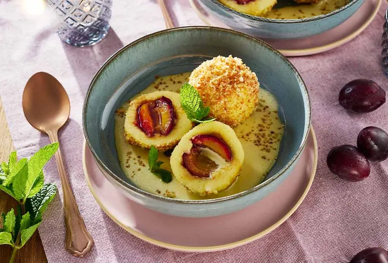 Bohemian dumplings with plums & panko