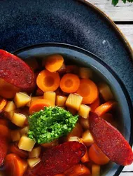 Carrot and Ginger Soup with Green Pesto and Roasted Chorizo