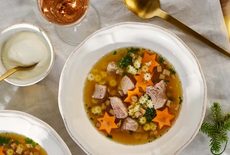 Festive Bohemian soup with soy sauce