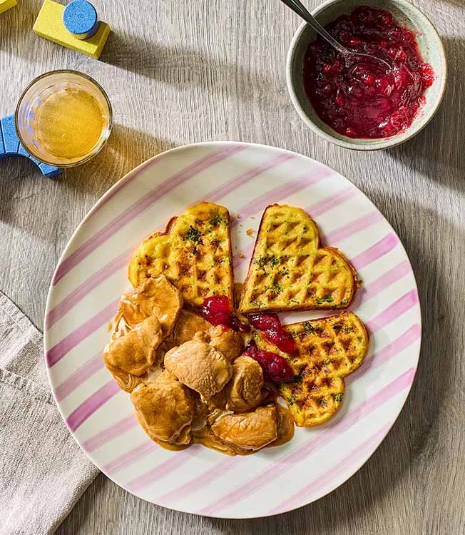 Sliced veal with sweet potato waffles