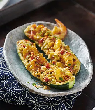 Baked courgette with prawn stuffing and panko crust