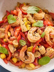 Shrimp stir-fry with mango and mint