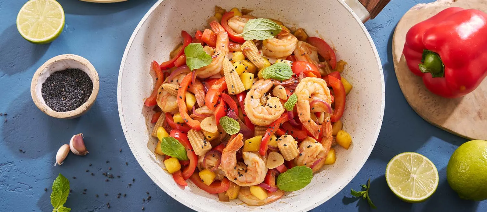 Shrimp stir-fry with mango and mint